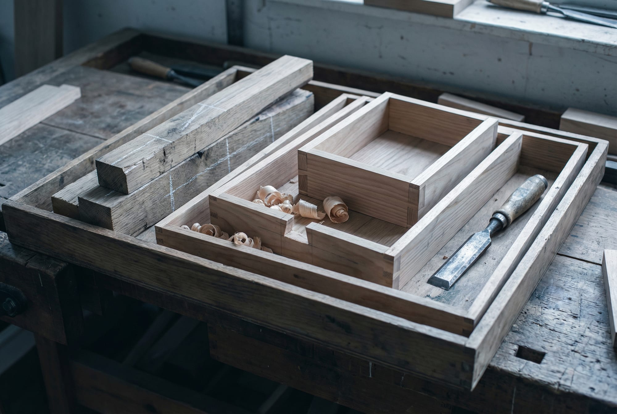 Glassblower's worn iron tools beside a glowing gather of molten glass